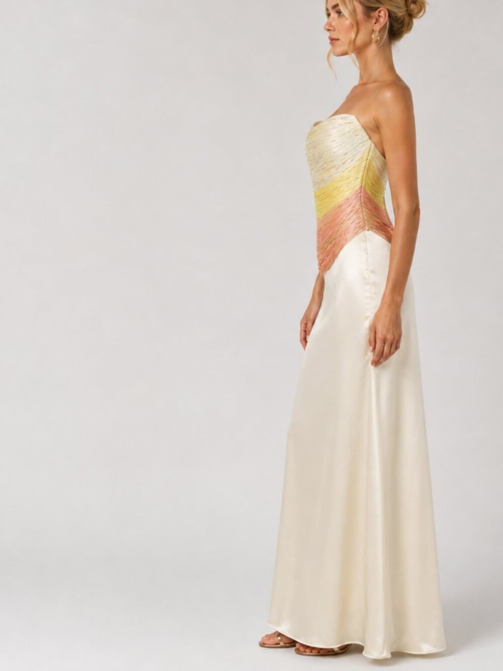Ombre Fringe Strapless Satin Maxi Dress Yellow Peach Formal Gown - Picture 3 of 6